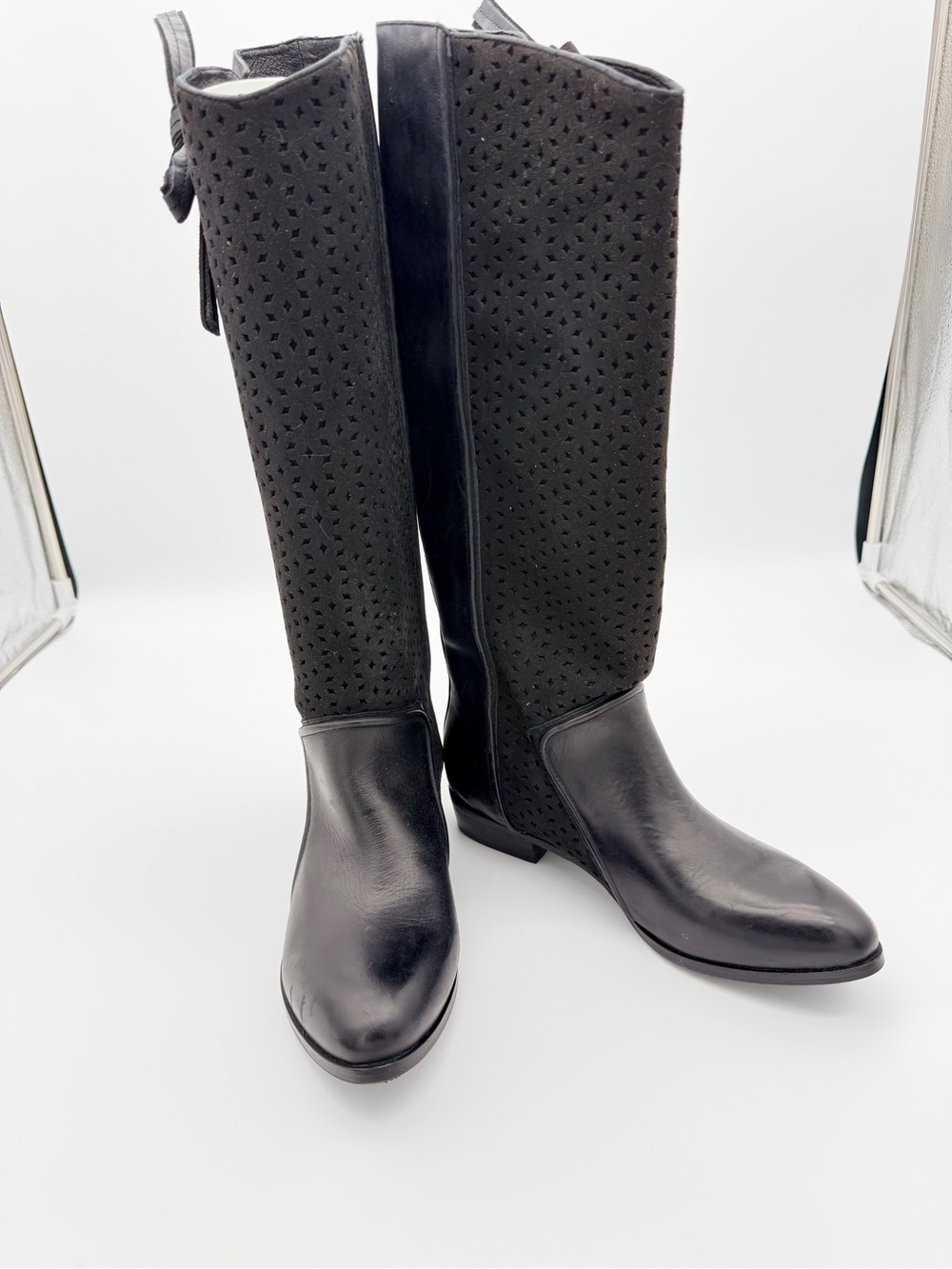 Gridee Leather Black Perforated Knee-High Women's Boots Side Ties